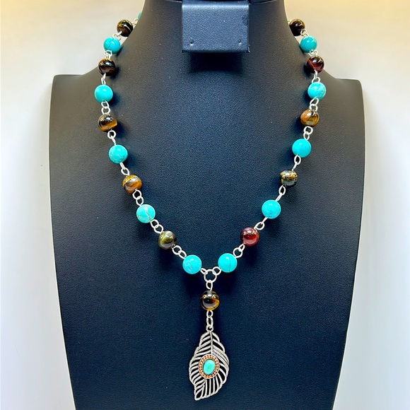 Handmade Feather Pendant Necklace with Natural Turquoise & Tiger Eye Stones! - Picture 2 of 6